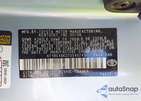 2007 Toyota Camry Le from USA, damaged, VIN 4T1BE46K37U540743